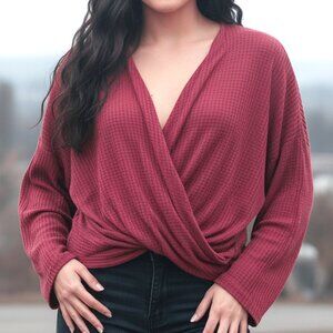 Entro Womens Overlap Drape Long Sleeve Top Blouse Medium Made in USA Red Maroon